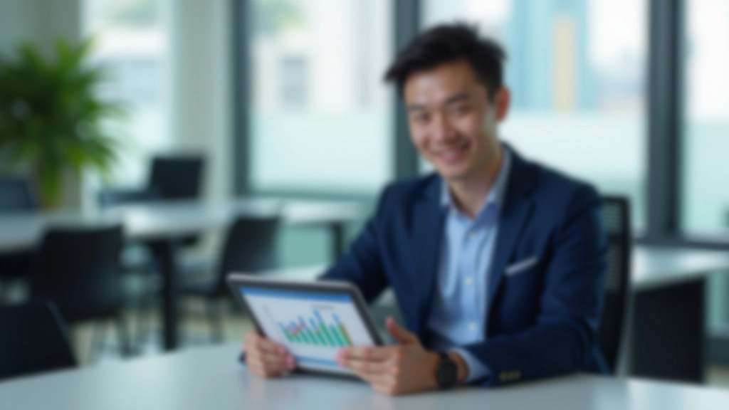 Professional man aged 30 reviewing financial documents and growth chart on tablet, modern office setting with natural light