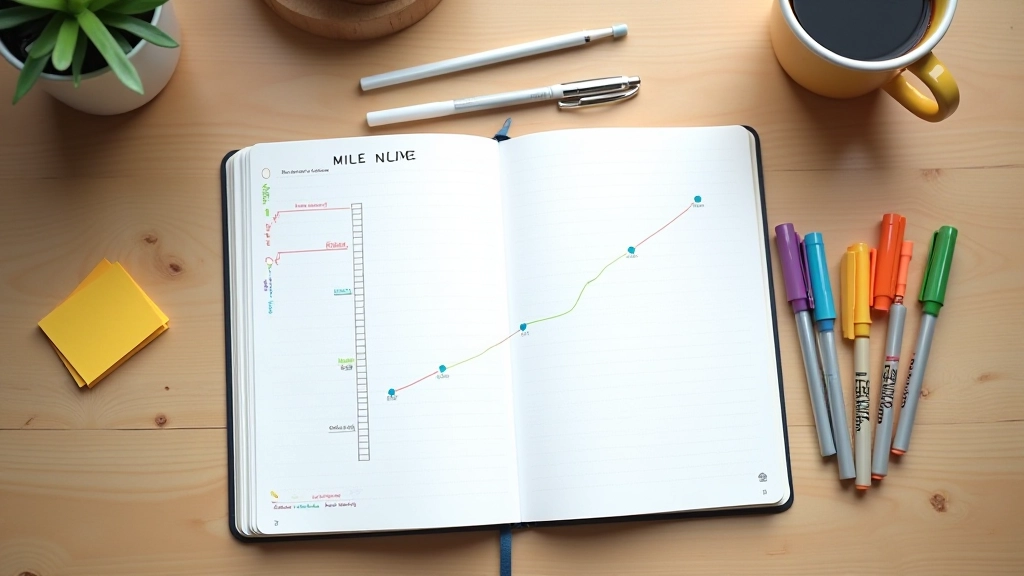 Planning notebook with milestone timeline and goal markers written in organized sections