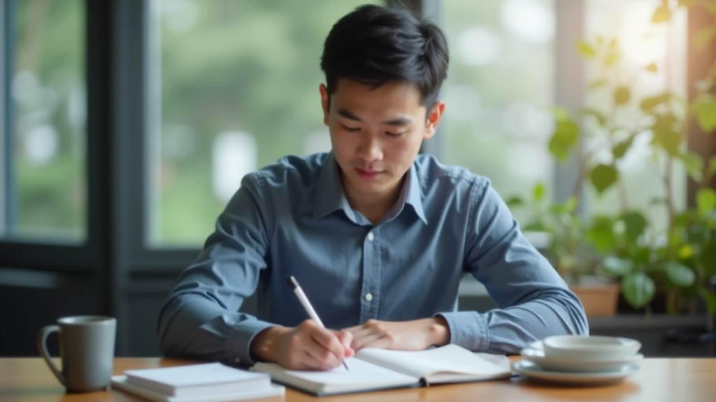 Person writing action plan in notebook at desk with coffee and planning calendar