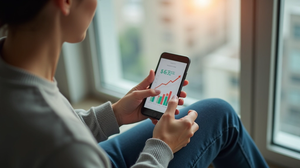 Young professional using budgeting app on phone with financial tracking interface visible